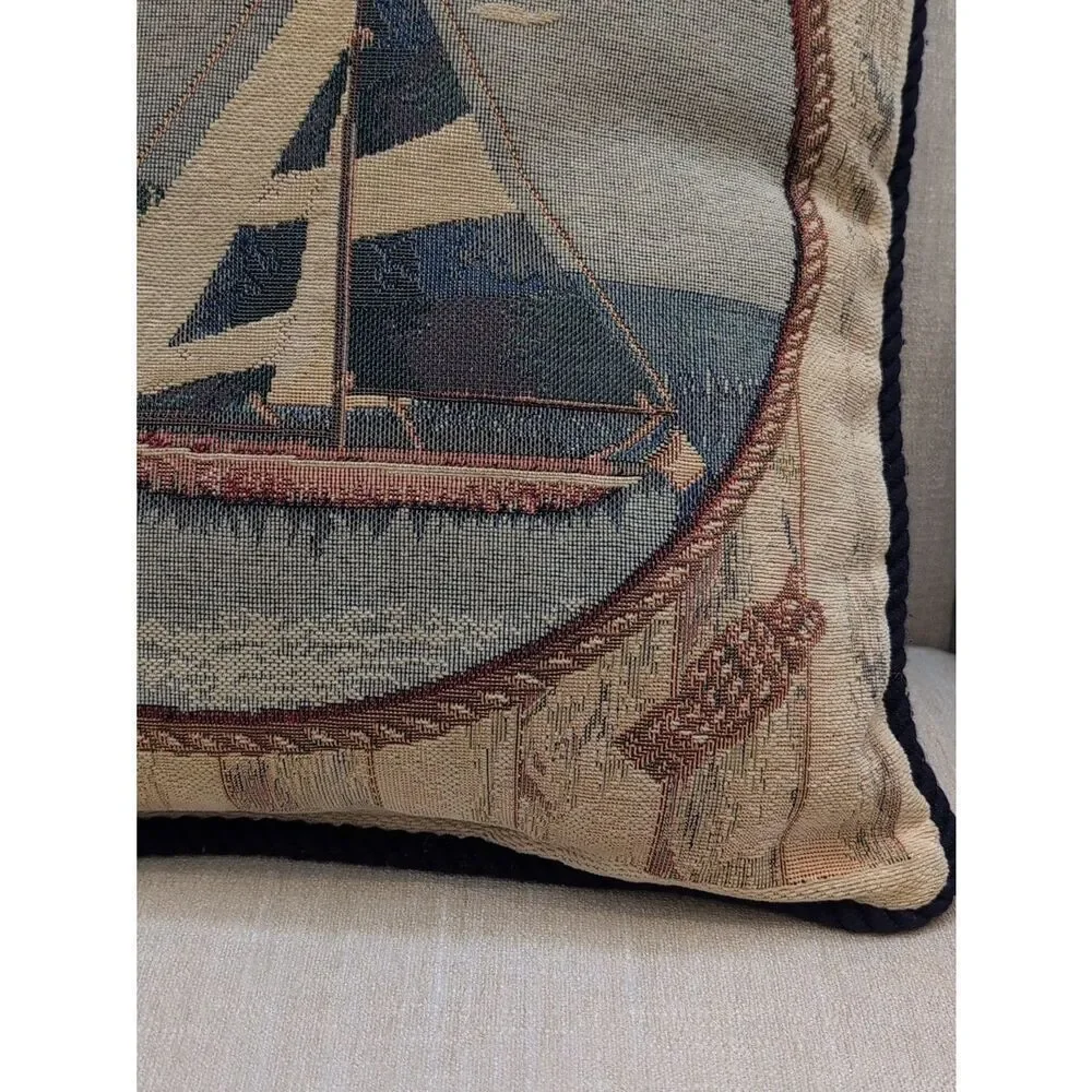 Nautical Tapestry Accent Pillow Vintage Lighthouse Sailboat Decor